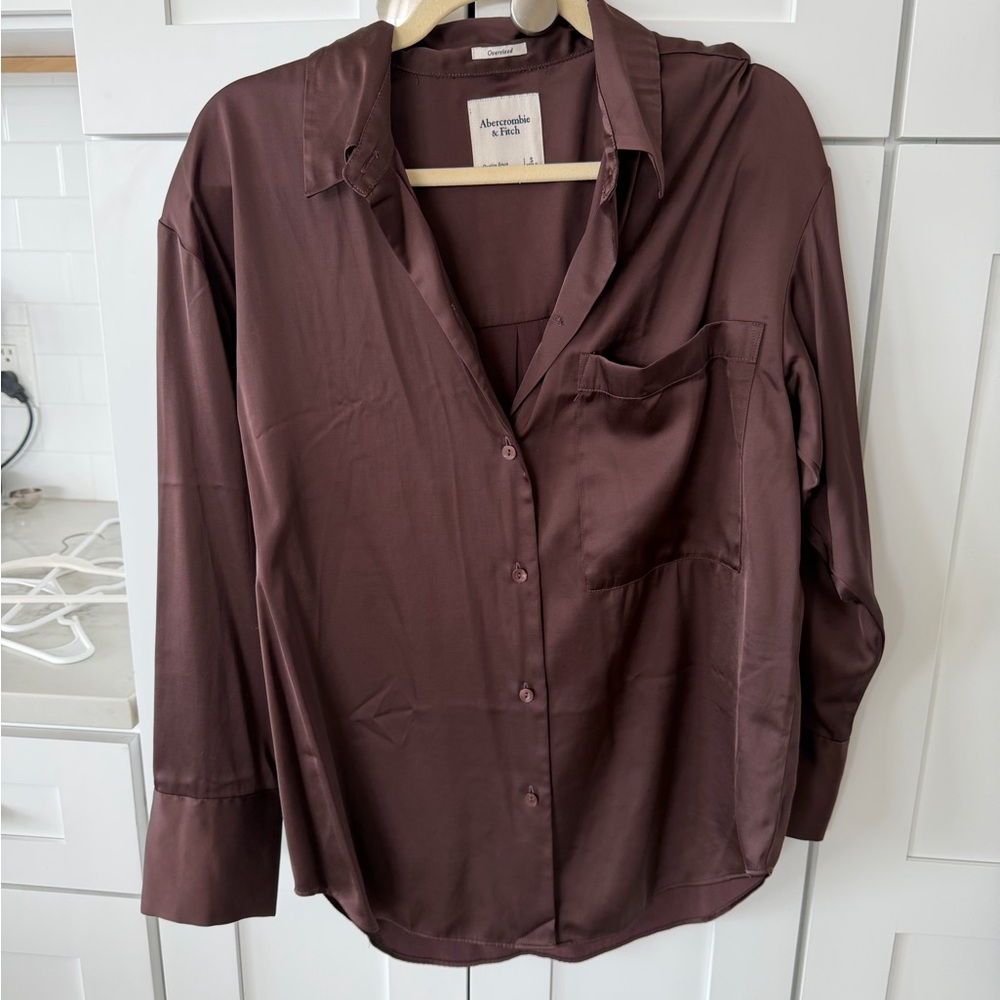 Abercrombie & Fitch Oversized Satin Shirt in Mauve Brown